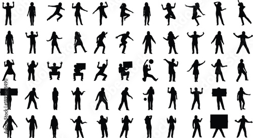 People action silhouettes set, men women dynamic poses, jumping dancing gestures, human movement collection, black figure illustrations