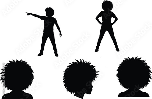 Black silhouettes of people with curly afro hair, silhouettes of woman in profile and man pointing forward isolated on white, vector illustration set,