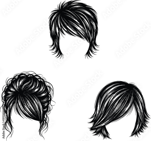 Black silhouettes of various women hairstyles and hair fashion styles including short cuts and bangs, isolated on white background, vector illustration set graphics