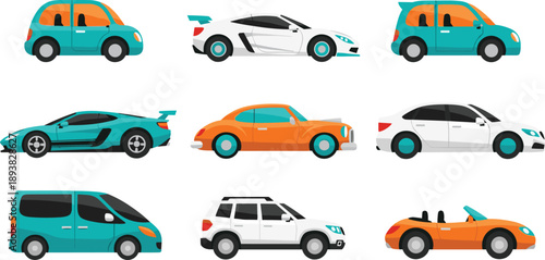 Vector illustration set of modern cars including sports cars sedans suvs and convertibles in teal orange and white for automotive transport and travel