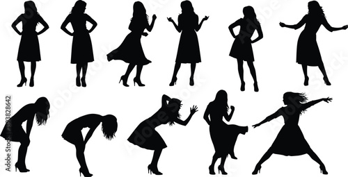 Black silhouettes of woman in dresses performing expressive dance moves and graceful poses isolated on white, vector illustration feminine movement graphic design set,