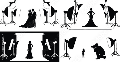 Photography studio silhouettes set, fashion photoshoot lighting equipment, photographer model posing, professional photo setup illustration\