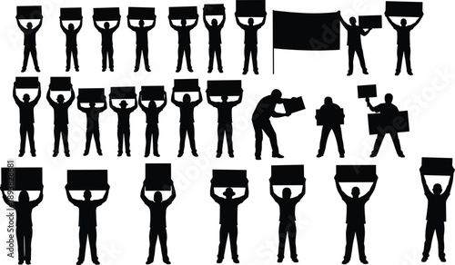 Protest crowd silhouettes holding banners placards, demonstration activism concept, political rally people vector illustration isolated background