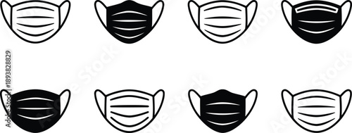 A collection of eight simple black and white medical face mask icons for health and safety