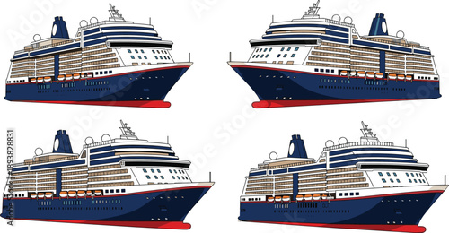 Vector illustration set of modern luxury cruise ships in various perspectives with blue hulls and red keels for maritime travel and tourism design