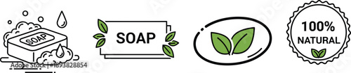 Vector illustration set of natural organic soap icons with green leaves and a one hundred percent natural label for eco friendly skincare design