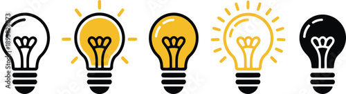 A collection of five varied lightbulb icons signifying moments of inspiration and thought