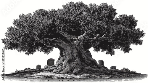 Ancient Gnarled Tree in a Solemn Cemetery Landscape, Vintage Engraving Illustration, Black and White Historical Art