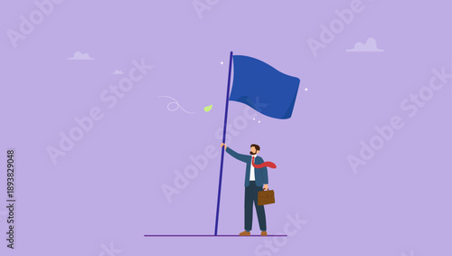 Success businessman raising winning flag with triumph and proud. Business victory, mission accomplishment or success achievement, leadership or triumph to win competition, challenge.