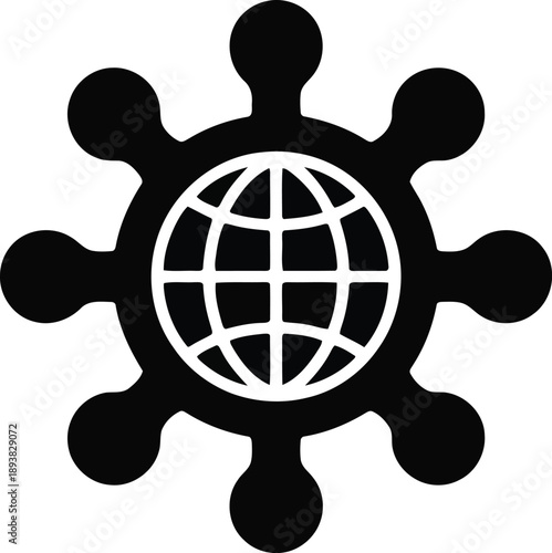 Abstract representation of global communication featuring a grid patterned world sphere with eight nodes