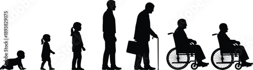 Black silhouettes representing the stages of human life from crawling baby and childhood to professional career, senior aging, and mobility assistance vector illustration.