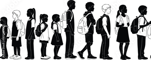 School children silhouette lineup with backpacks, diverse students walking standing poses, education concept, black white vector illustration