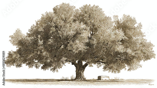 Grand Old Tree Illustration, Sepia Tone with Bench. Detailed Vintage Drawing of a Mature, Wide-Spreading Deciduous Tree