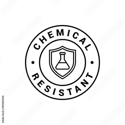 Chemical resistant label with shield and beaker icon on white background