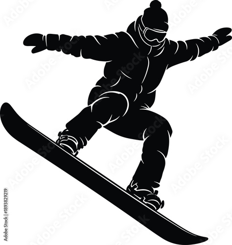 Black snowboarder silhouette jumping on snowboard isolated on white background, winter extreme sports vector illustration, mountain snow activity symbol, active athlete jumping element