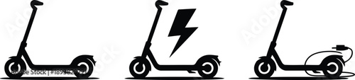 Collection of three black electric scooter icons displaying charging and normal states