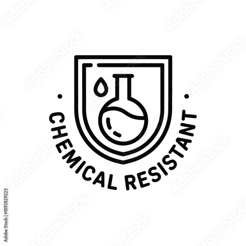 Chemical resistant logo with beaker and droplet in shield  safety symbol