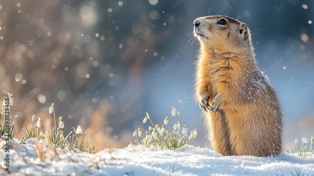 Fototapeta premium Groundhog standing against a blurred background of snow-covered grass, snowdrops, Groundhog Day, February 2, prairie dog, space for text, cute animal, forest, nature, marmot