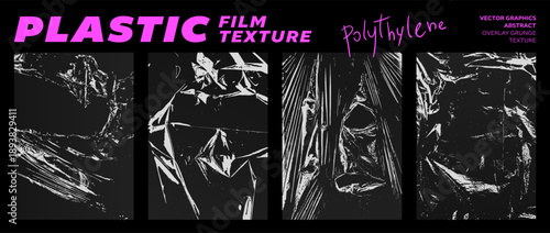 Grunge set of plastic film textures. Crumpled old polyethylene packaging. Stretched, torn, ripped, wrinkled cling film for brutalism design. Vector graphics for template, mockup, overlay effect, cover