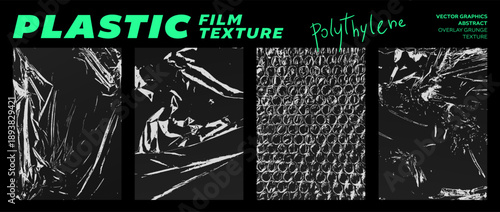 Grunge set of plastic film textures. Crumpled old polyethylene packaging. Stretched, torn, wrinkled cling film, bubble wrap for brutalism design. Vector graphics for template, mockup, overlay effect