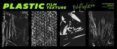 Grunge set of plastic film textures. Crumpled old polyethylene packaging. Stretched, torn, wrinkled cling film, bubble wrap for brutalism design. Vector graphics for template, mockup, overlay effect