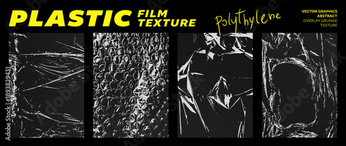 Grunge set of plastic film textures. Crumpled polyethylene packaging. Stretched, torn, wrinkled, ripped, cling film, bubble wrap. Vector graphics for brutalism design template, mockup, overlay effect