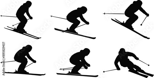 Black skiing silhouettes set, isolated vector illustrations of skiers downhill racing on snow for winter sports competition, mountain resort travel, and outdoor activity