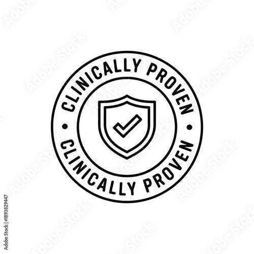 Clinically proven medical seal icon with check mark and shield  health guarantee symbol
