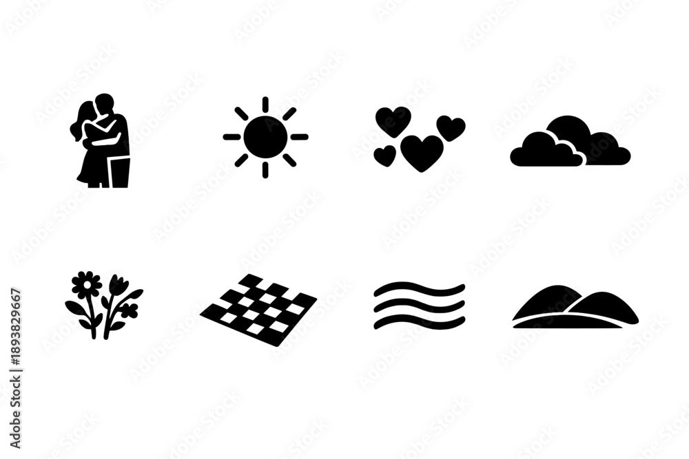 Fototapeta premium Summer love scene. Filled icon set of Summer love scene: couple embrace, radiant sunshine, floating hearts,