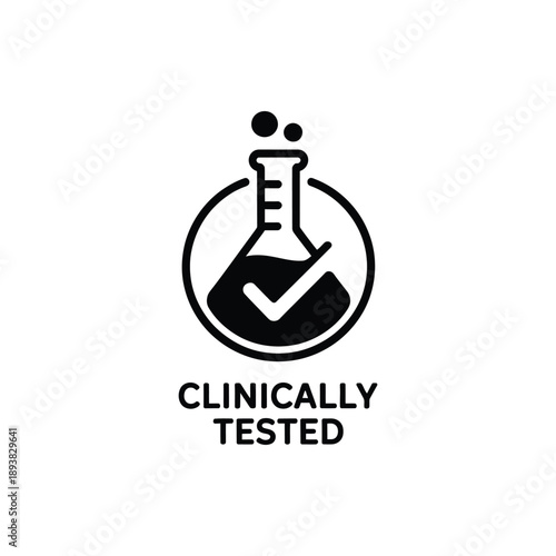Clinically tested medical laboratory beaker icon with checkmark in circle symbol