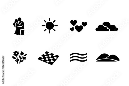 Summer love scene. Filled icon set of Summer love scene: couple embrace, radiant sunshine, floating hearts,