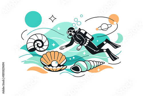 Clean oceans dreamscape. A diver floating among oversized seashells and transparent waves, abstract shapes