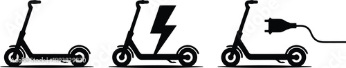 Three sleek black silhouette icons representing electric scooters including a charging state