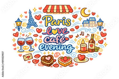 Parisian Café Romance. Paris love café evening. Hand-drawn doodle illustration of Paris love café evening. caf