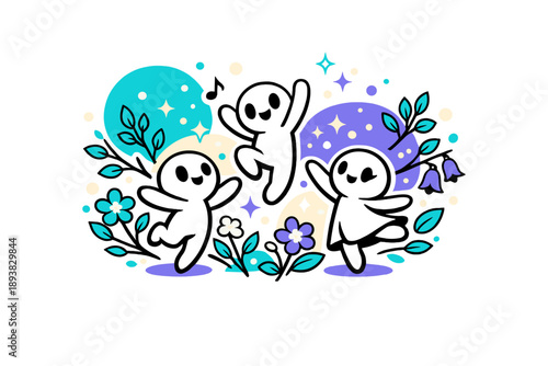 Forest awakening. Small glowing spirits dancing among flowers and young branches, pollen and sparkles drifting