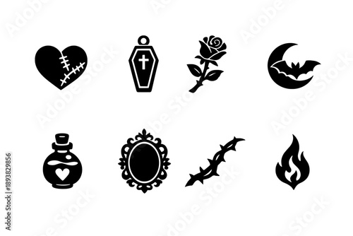 Dark romantic valentine. Filled icon set of Dark romantic valentine: stitched heart, coffin charm, night rose,