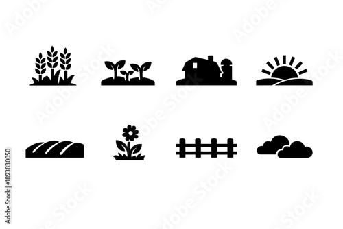 Spring farmland landscape. Filled icon set of Spring farmland landscape: grain field, young crops, farmhouse