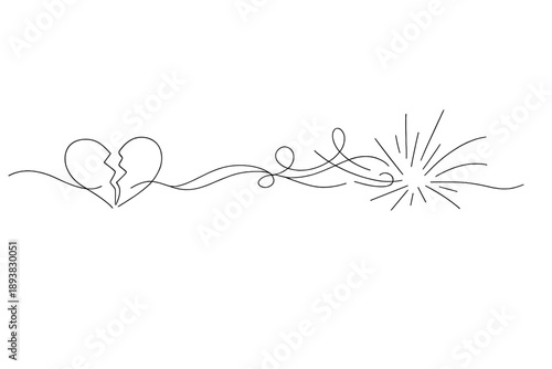 "Heartbreak to hope". Minimalistic one-line drawing broken heart splitting apart and transforming into radiant