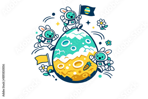 Easter egg planet. Tiny bunny astronauts hopping across an egg-shaped planet surface, flags and flowers