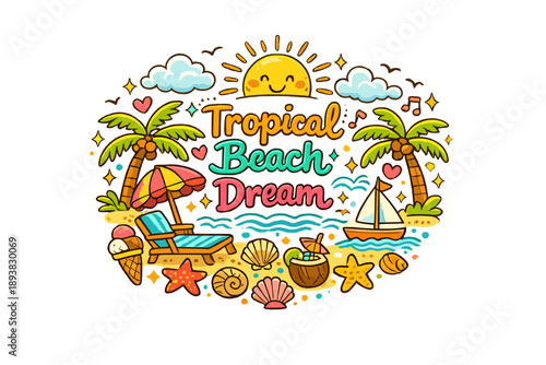 Tropical Beach Dream. Hand-drawn doodle illustration of Tropical Beach Dream. Golden sun, palm trees, calm sea