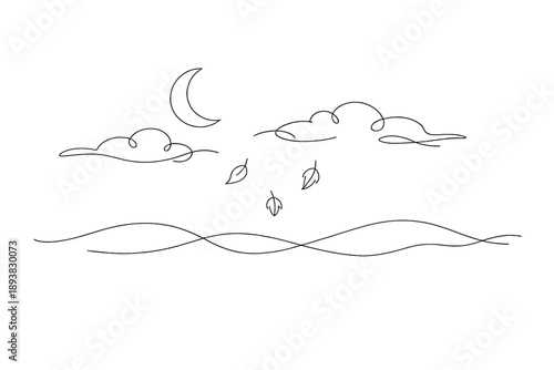 "Autumn moonlit sky". Minimalistic one-line drawing moon, clouds, and falling leaves over rolling landscape,