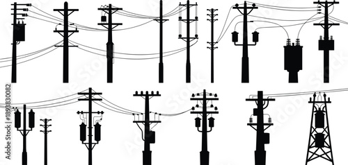 Utility pole and transmission tower silhouettes, transformers, insulators, power lines, infrastructure, flat vector