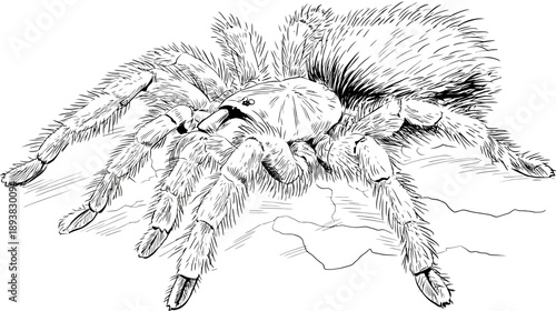 Detailed hand-drawn sketch of a hairy tarantula spider. Close-up black and white line art illustration of a creepy arachnid.