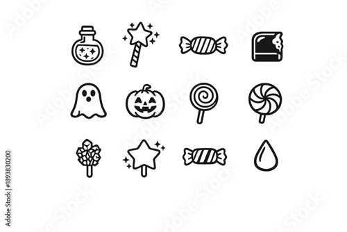 Enchanted Halloween sweets. Line outline icon set of Enchanted Halloween sweets: magical candy, candy wand,