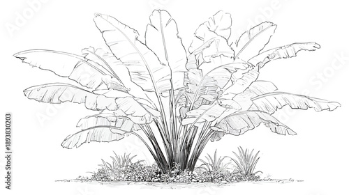 Hand-Drawn Line Art Illustration of Tropical Plant with Large Leaves. Botanical Sketch of Exotic Foliage for Nature Designs.