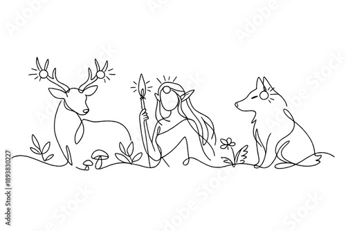 "Enchanted forest protectors". Minimalistic one-line drawing animal and humanoid guardians with glowing