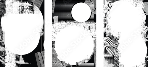 Glitch distorted geometric shape . Noise destroyed logo . Trendy cyber punk poster . Glitched frame .Grunge textured . Distressed effect .Vector shapes with a halftone dots screen print texture.