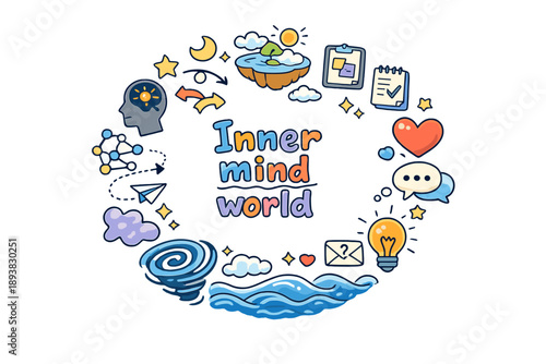 Inner mind world. Hand drawn illustration of Inner mind world. head silhouette, floating thoughts, winding