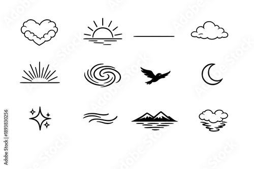 Surreal heart-shaped clouds at sunset. Line outline icon set of Surreal heart-shaped clouds at sunset: heart