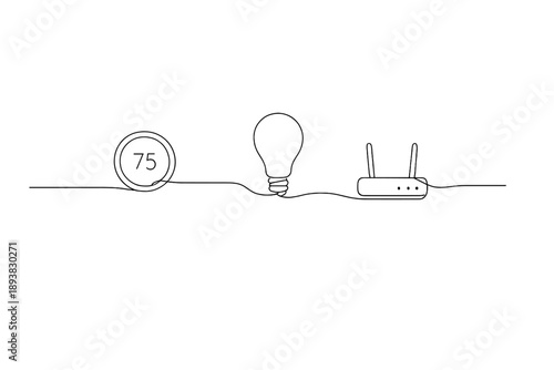 "Smart connected devices". Minimalistic one-line drawing smart home icons like thermostat, light bulb and